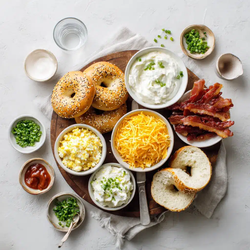 Ingredients for Zesty Bacon Cream Cheese Bagels including sesame bagels, cooked bacon, cheddar, cream cheese, chives