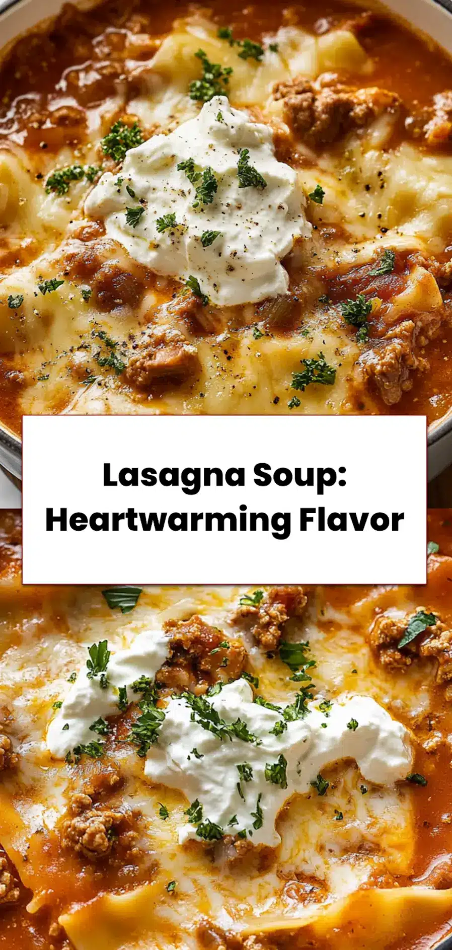 Lasagna Soup: Easy and Irresistible Cozy Recipe 5 Bowl of lasagna soup with creamy broth, noodles, cheese, and parsley sprinkled on top, ready to serve