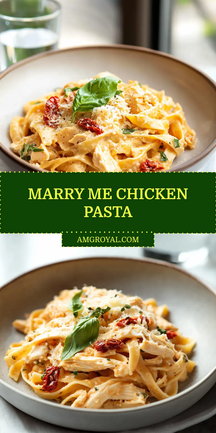 Marry Me Chicken Pasta: Quick and Irresistible Delight 5 Creamy Marry Me Chicken Pasta with basil and Parmesan served in shallow bowl - Pinterest Pin