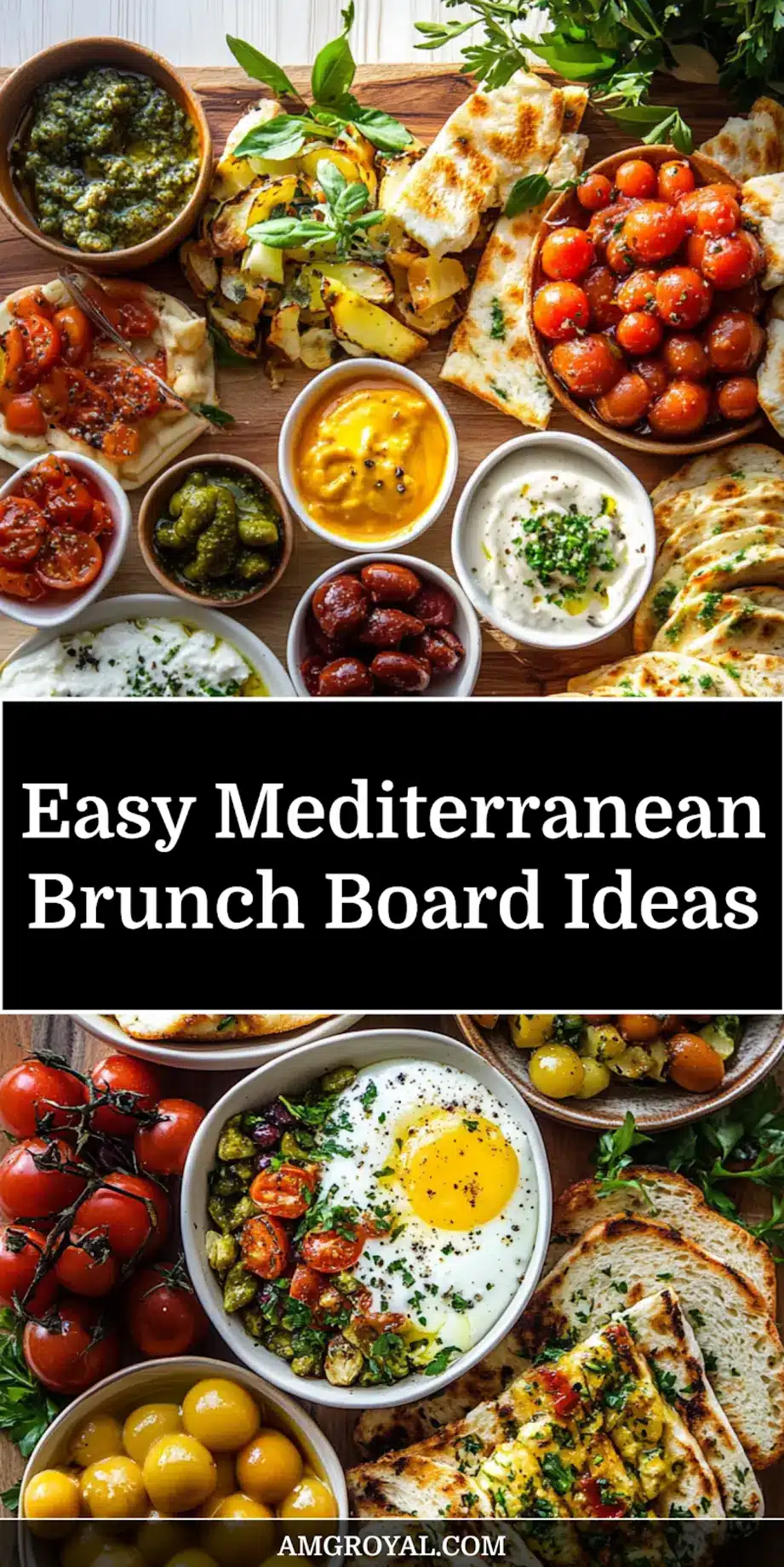 Mediterranean Brunch Boards: Create Delicious Feasts 5 Completed Mediterranean Brunch Board with dips, vegetables, and herbs, styled for pinning