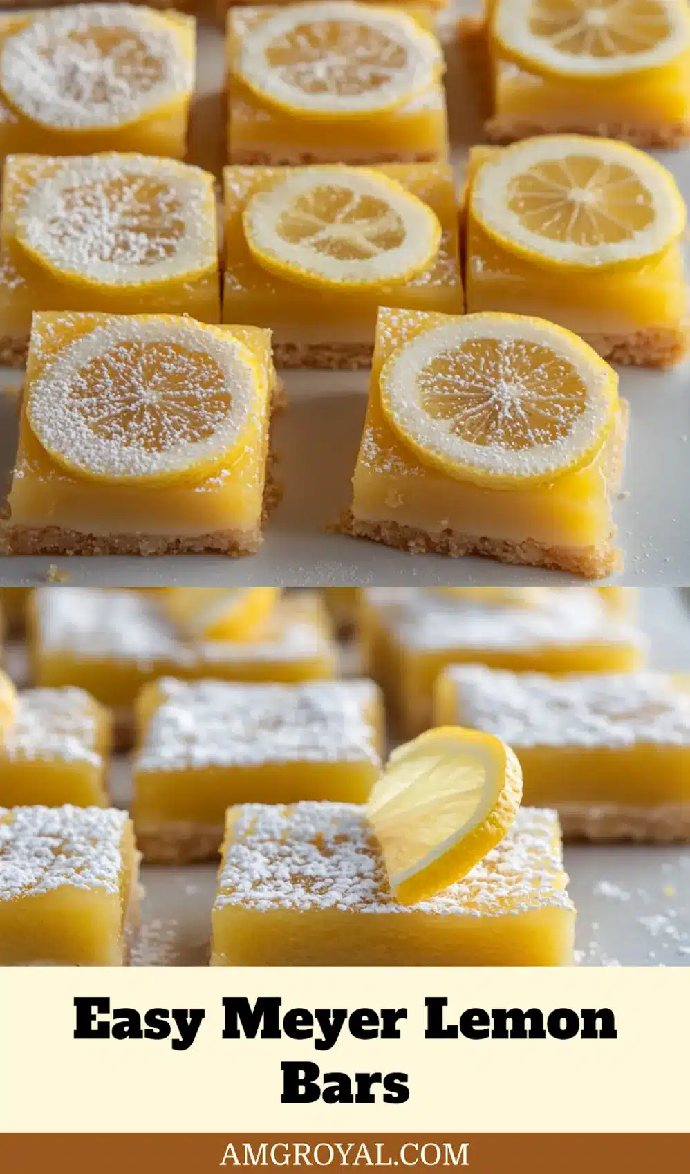Meyer Lemon Bars Easy and Delicious Recipe 5 Closeup of finished Meyer lemon bars cut into squares with powdered sugar garnish