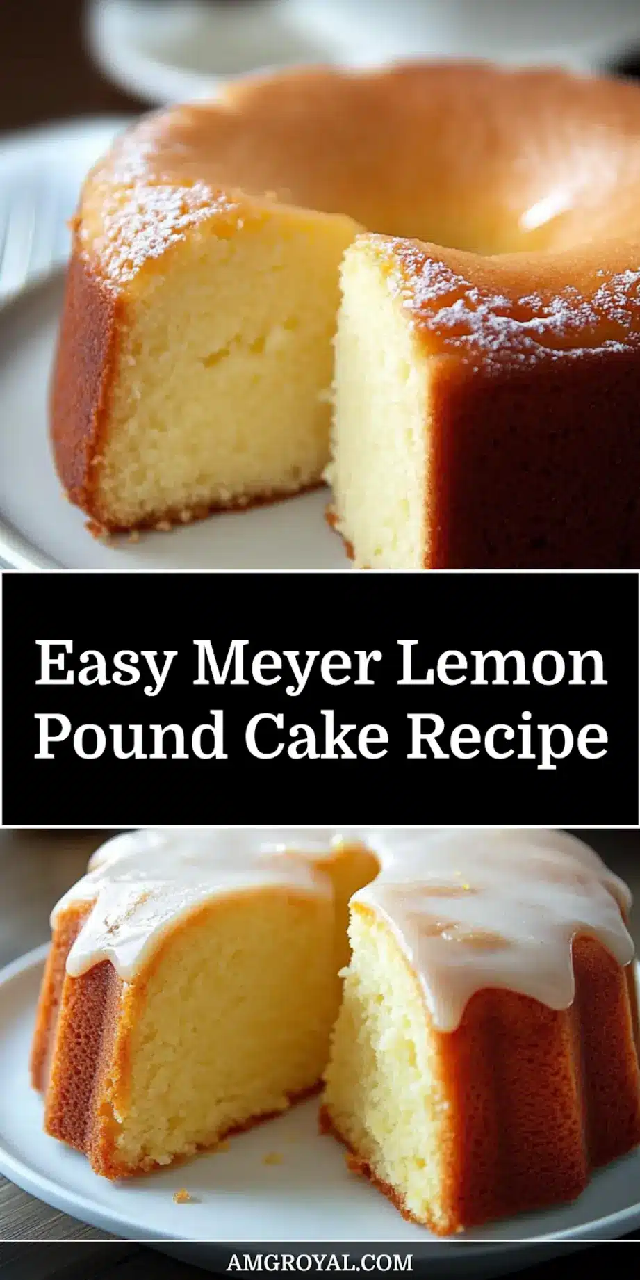 Meyer Lemon Pound Cake Easy Delicious Recipe 5 Sliced Meyer Lemon Pound Cake on a wooden board with glaze glistening, styled with fresh citrus