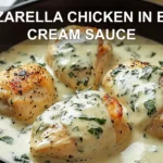 MOZZARELLA CHICKEN IN BASIL CREAM SAUCE plated warm natural light shallow depth inviting close up