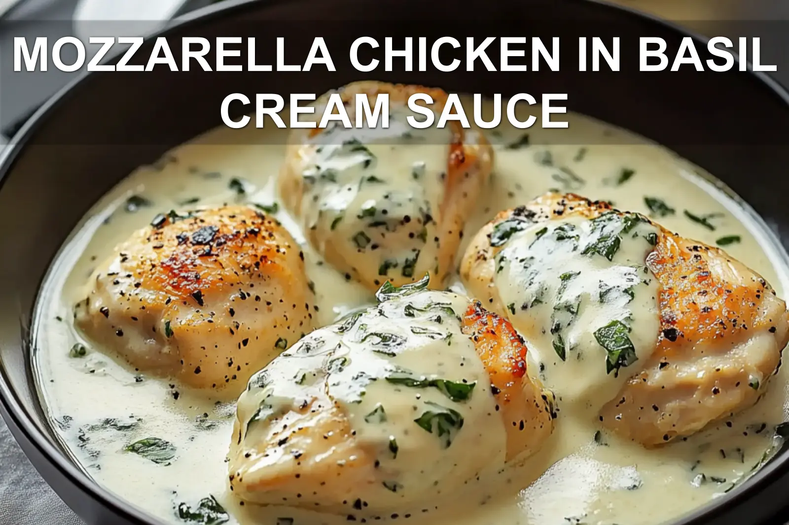 MOZZARELLA CHICKEN IN BASIL CREAM SAUCE plated warm natural light shallow depth inviting close up