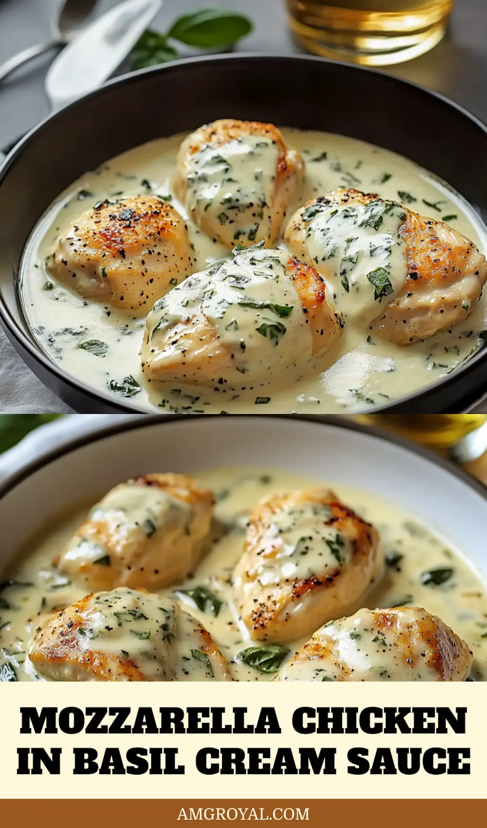 Mozzarella Chicken in Basil Cream Sauce: Easy and Delicious 5 Finished Mozzarella Chicken in Basil Cream Sauce plated with basil garnish and served over pasta