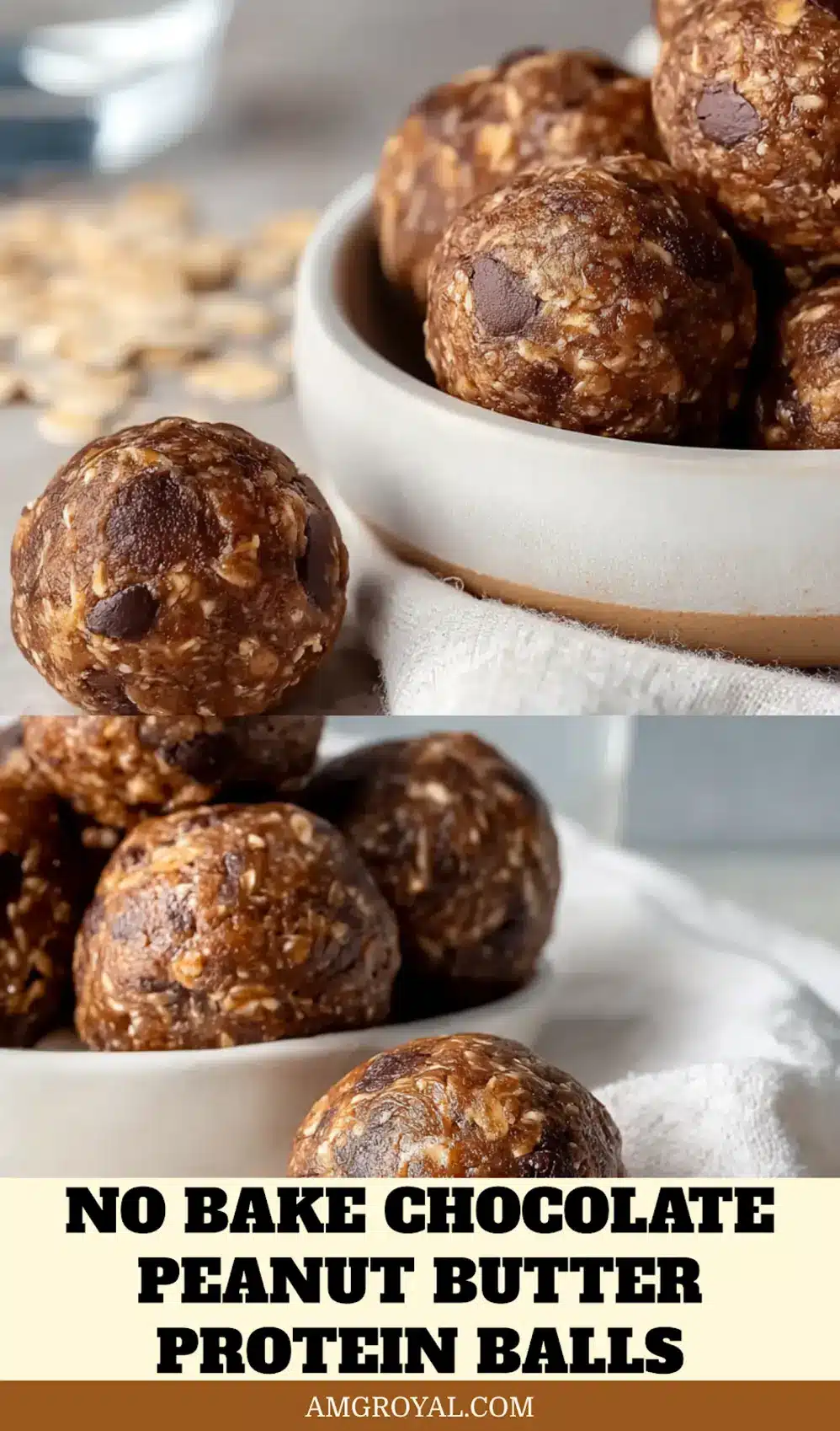 No-Bake Chocolate Peanut Butter Protein Balls: Easy Delicious Recipe 5 No bake chocolate peanut butter protein balls served on a rustic wooden board with linen and water glass