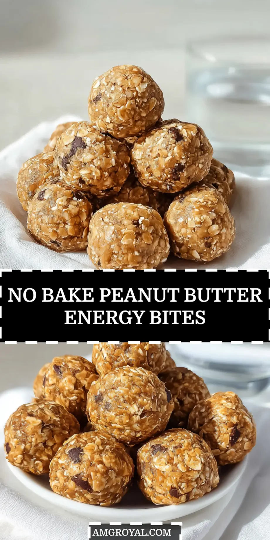 No-Bake Peanut Butter Energy Bites: Quick and Delicious 5 No bake peanut butter bites stacked on cooling rack with hot tea background