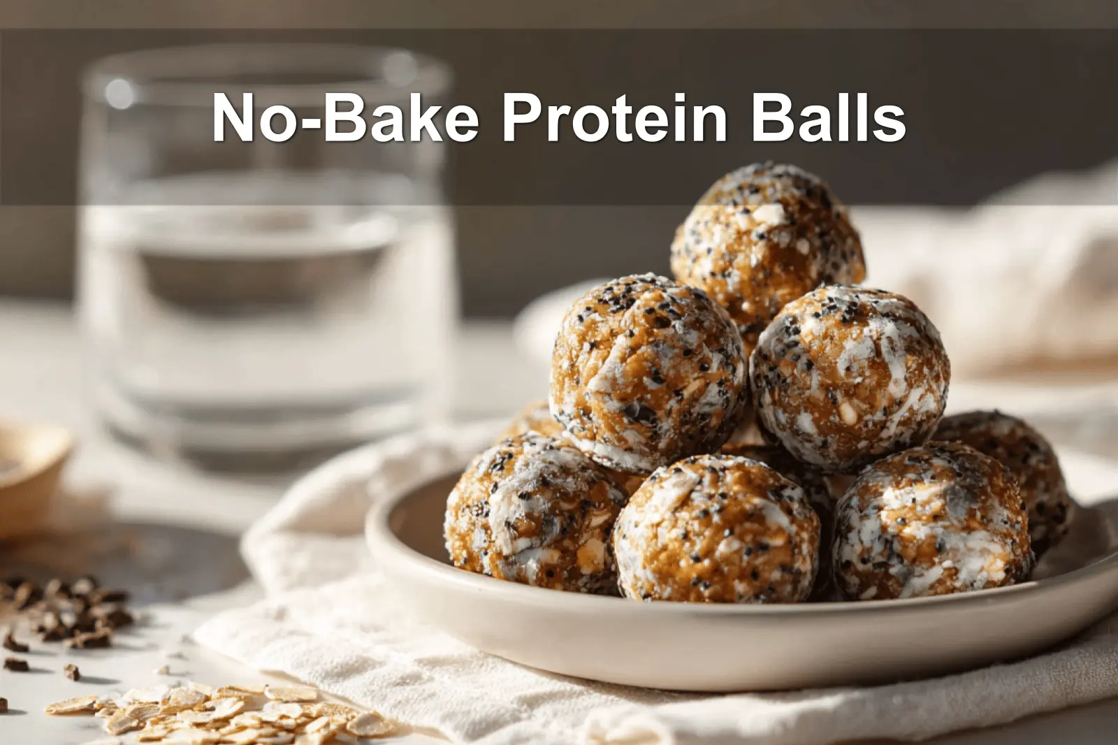 NO BAKE PROTEIN BALLS on white cloth with glass of water warm natural light