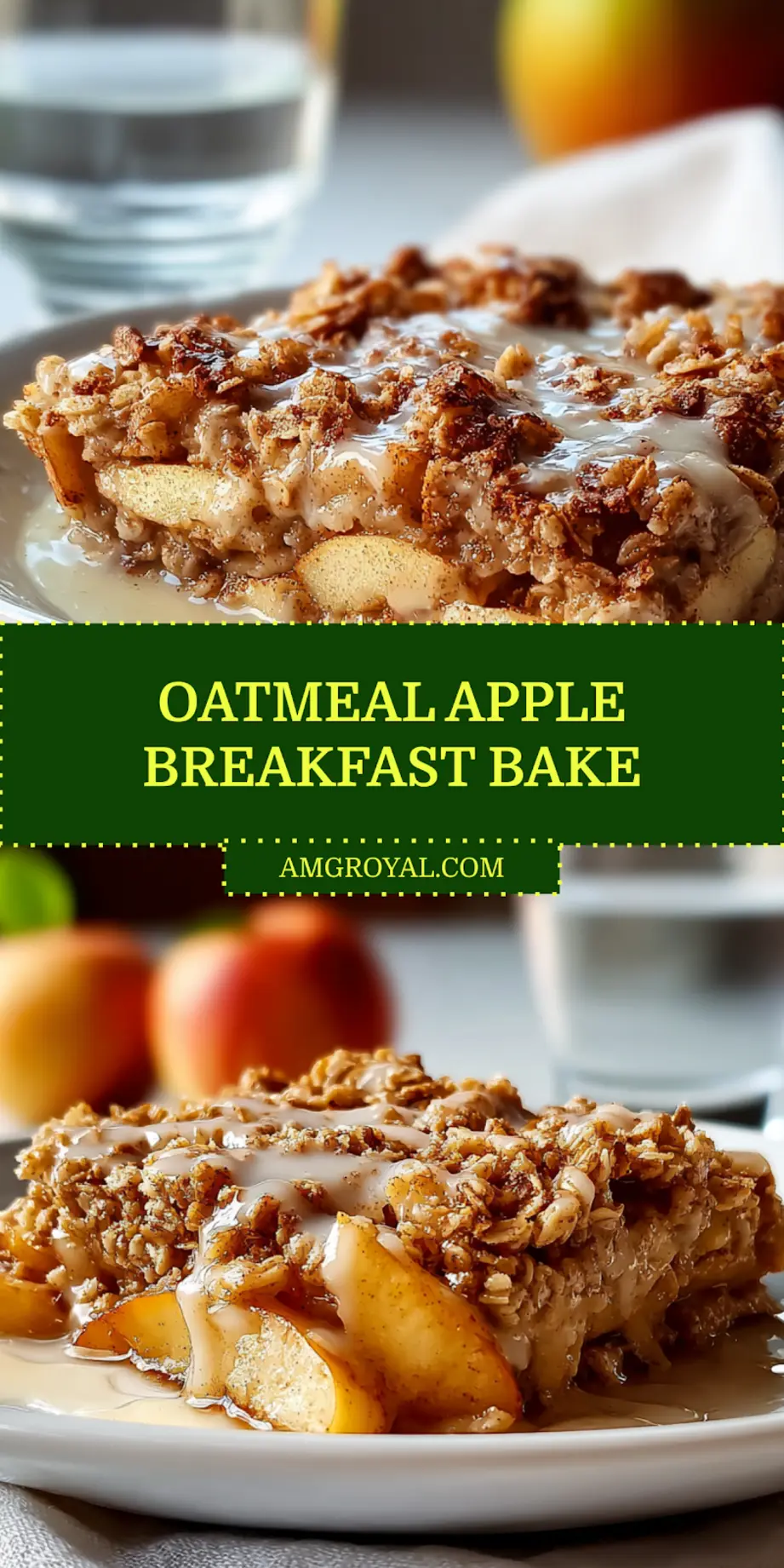 Baked oatmeal apple breakfast square in rustic ceramic dish topped with berries