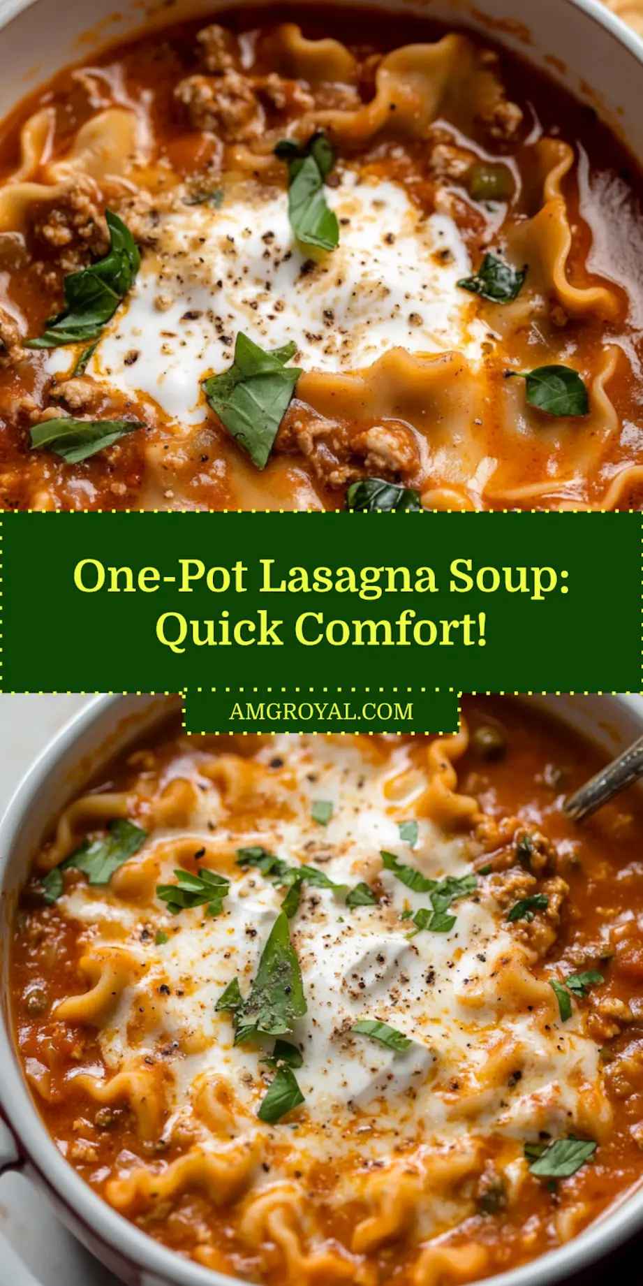 Finished bowl of One Pot Lasagna Soup with melted ricotta, garnished with parsley and Parmesan cheese