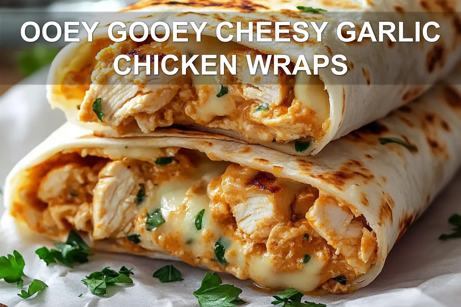 OOEY GOOEY CHEESY GARLIC CHICKEN WRAPS close-up three-quarter eye-level melted cheese herbs