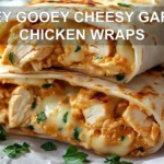 OOEY GOOEY CHEESY GARLIC CHICKEN WRAPS gooey melted cheese close-up on white cloth