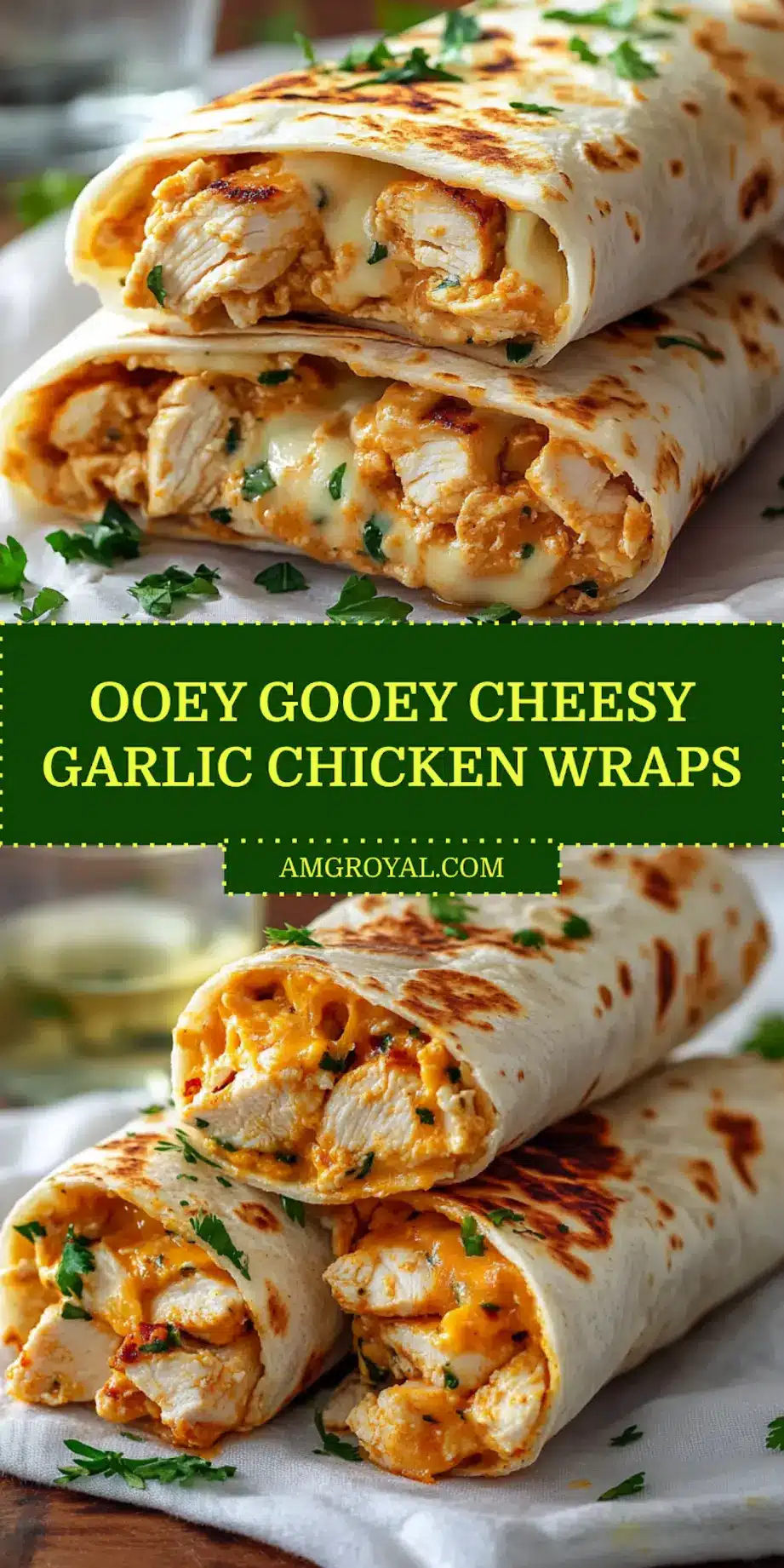 Ooey-Gooey Cheesy Garlic Chicken Wraps: Quick & Delicious! 5 Crispy golden Ooey Gooey Cheesy Garlic Chicken Wraps sliced open showing melted cheese and garlic chicken