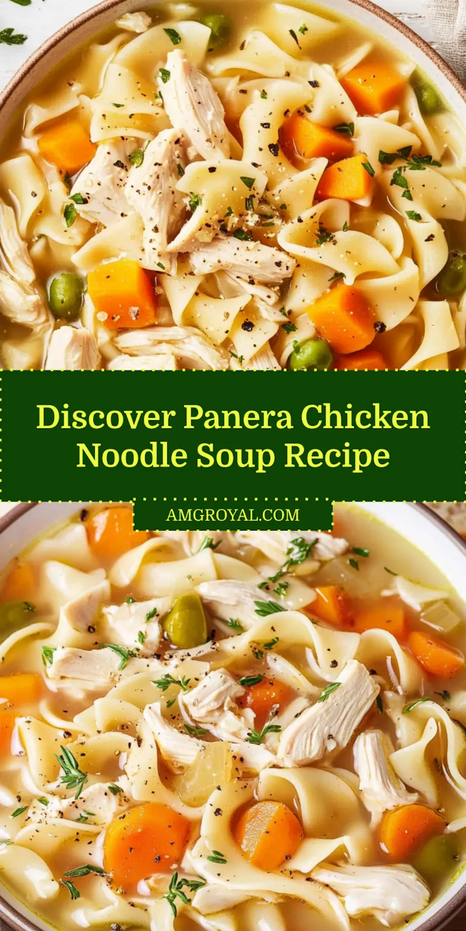 Panera Chicken Noodle Soup Recipe Easy and Delicious 5 Panera chicken noodle soup served in a white bowl with spoon, garnished with herbs