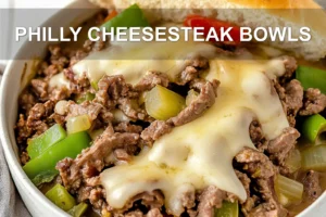 Philly Cheesesteak Bowls: Easy and Delicious Dinner PHILLY CHEESESTEAK BOWLS centered hero view, clean and uncluttered