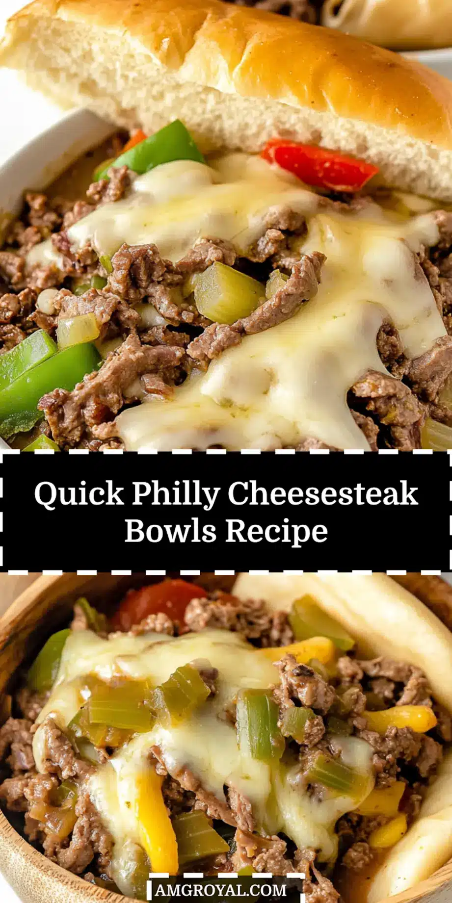 Philly Cheesesteak Bowls: Easy and Delicious Dinner 5 Philly cheesesteak bowl featuring beef, cheese, and vegetables in a pin-friendly styled presentation.