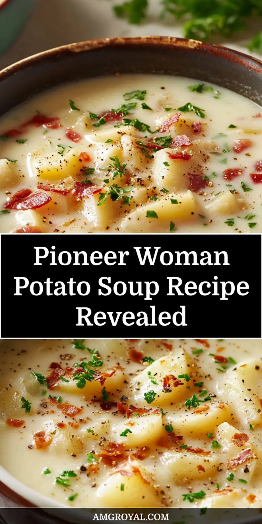 Finished bowl of potato soup, topped with bacon and herbs, ready to serve