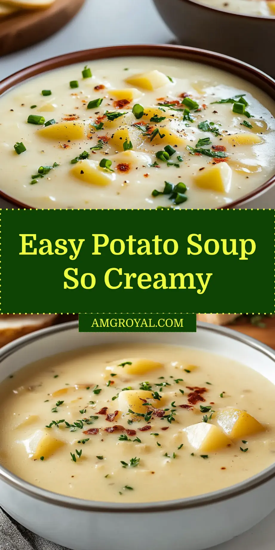 Pinterest graphic for creamy potato soup featuring a steaming bowl topped with chives