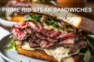 PRIME RIB STEAK SANDWICHES centered hero view, clean and uncluttered
