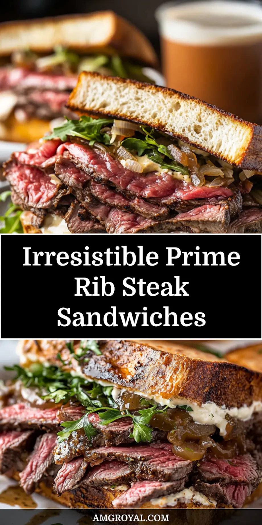Prime Rib Steak Sandwiches: Irresistibly Delicious Recipes 5 Close-up of prime rib steak sandwich sliced open showing juicy layers with cheese and onions