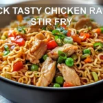 QUICK TASTY CHICKEN RAMEN STIR FRY vibrant plated stir fry on white napkin clear water glass