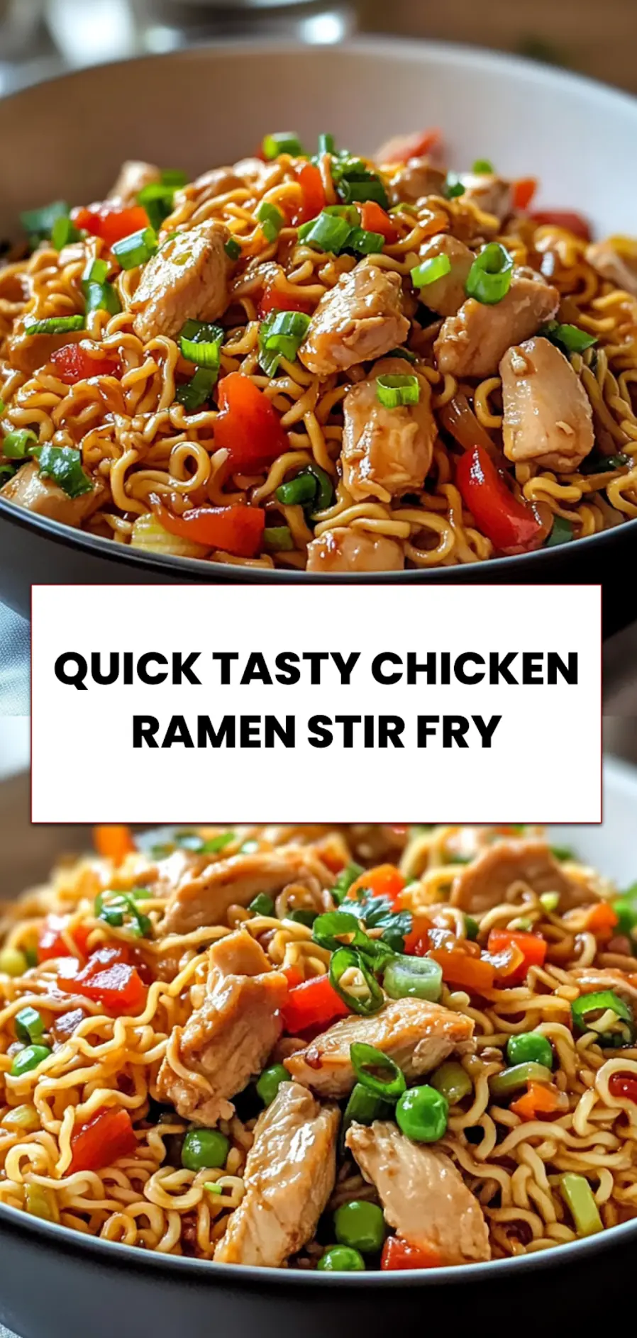 Quick & Tasty Chicken Ramen Stir Fry: Ultimate Recipe Joy 5 Plated QUICK TASTY CHICKEN RAMEN STIR FRY garnished with scallions and sesame seeds served in white bowl