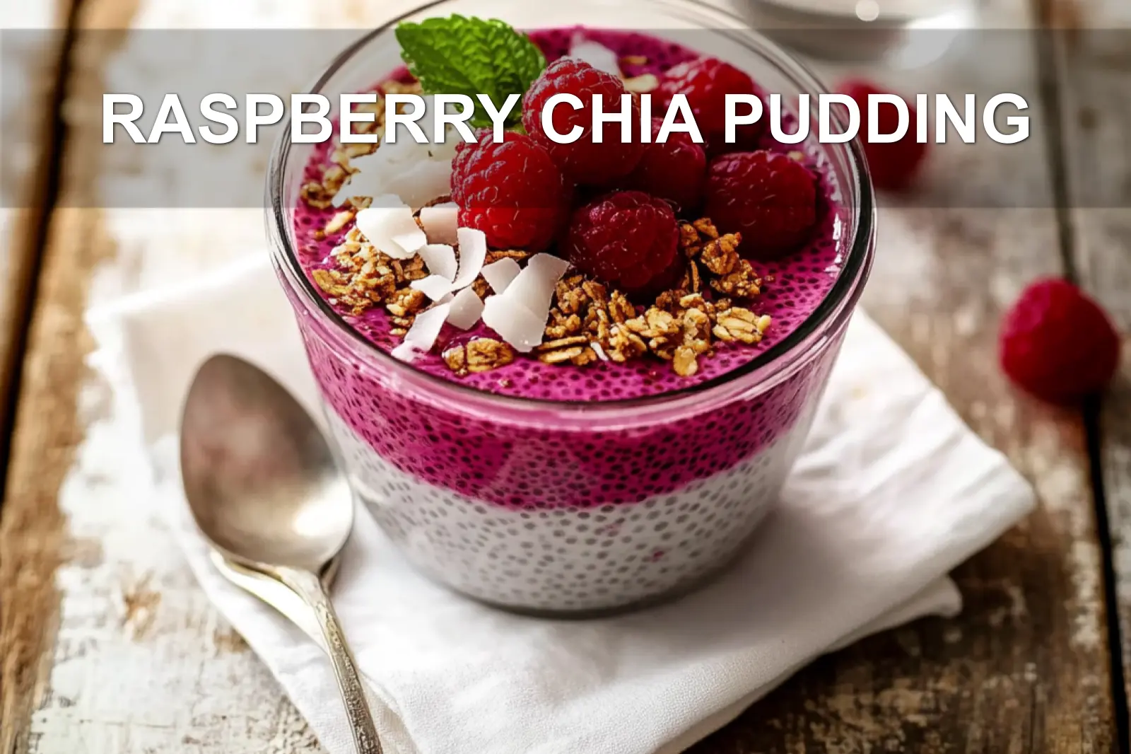 RASPBERRY CHIA PUDDING topped with raspberries sliced almonds coconut flakes maple syrup and mint