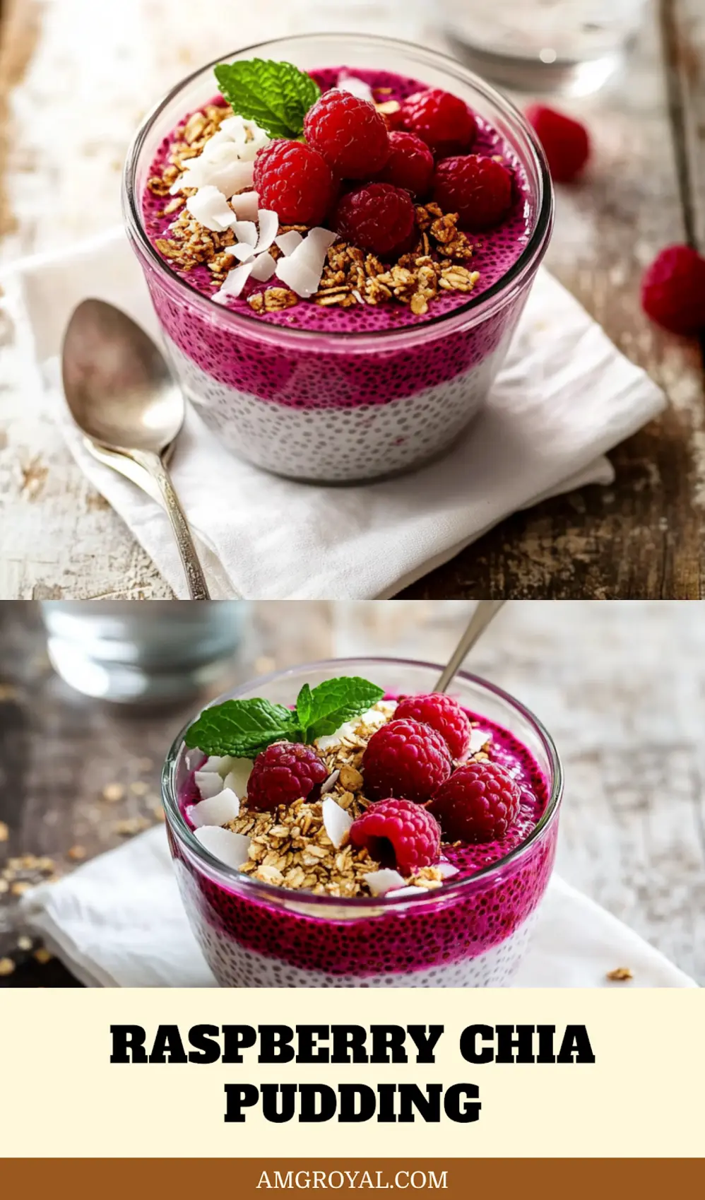 Raspberry Chia Pudding: Delicious and Easy Recipe 5 Assembled raspberry chia pudding in glass jars with layers of raspberries, coconut flakes, and almonds, styled for Pinterest