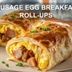 SAUSAGE EGG BREAKFAST ROLL-UPS on white cloth with clear glass of water warm tones