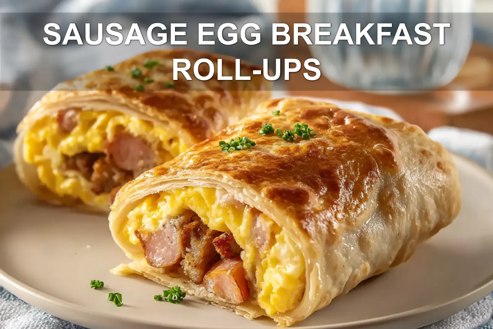 SAUSAGE EGG BREAKFAST ROLL-UPS on white cloth with clear glass of water warm tones