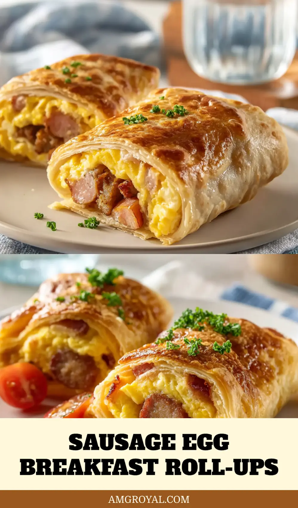 Plated crispy sausage egg breakfast roll-ups arranged for brunch with a glass of water