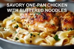 Savory One-Pan Chicken with Buttered Noodles: Simple Delicious Meal SAVORY ONE-PAN CHICKEN WITH BUTTERED NOODLES plated with egg noodles herbs butter warm glow