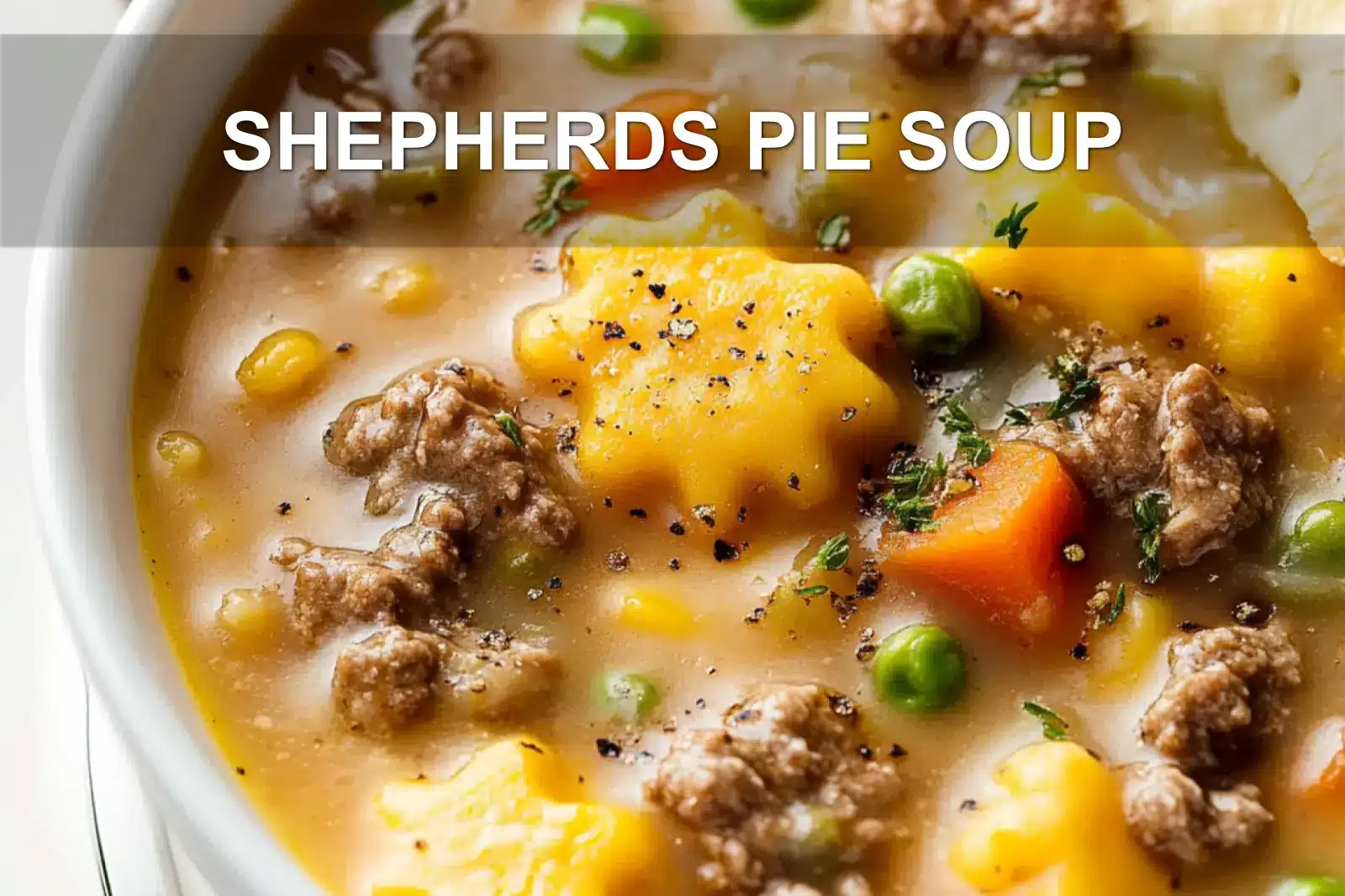 SHEPHERDS PIE SOUP centered hero view, clean and uncluttered