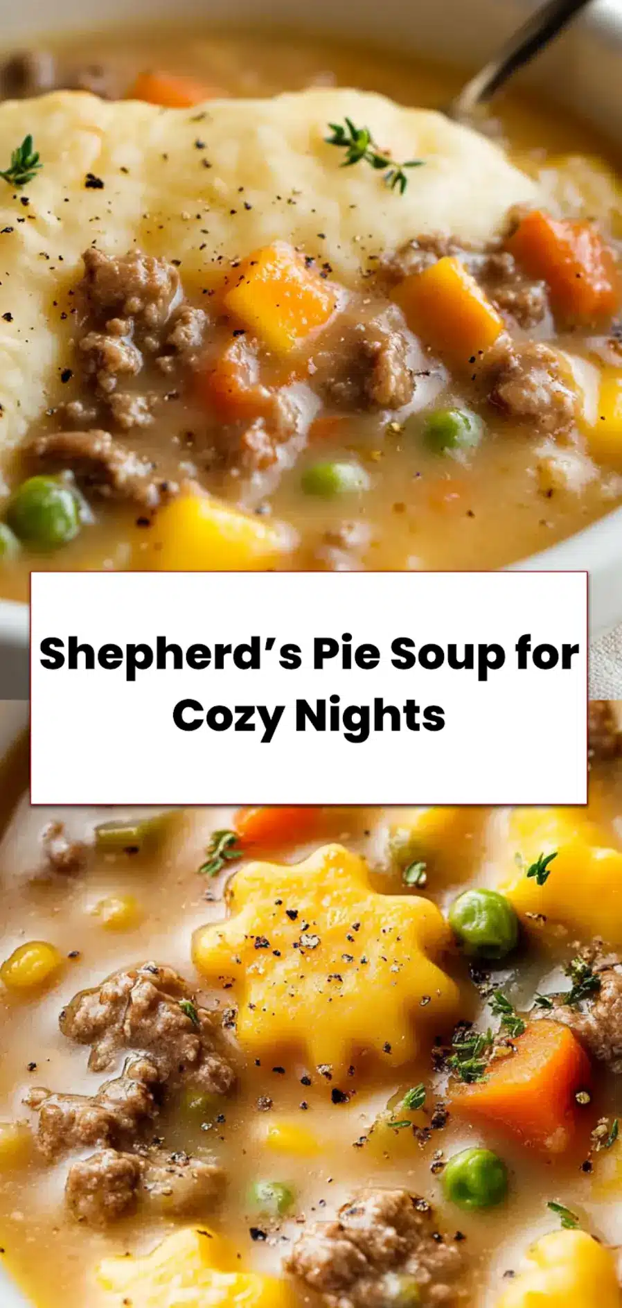 Shepherd’s Pie Soup: Irresistible Comfort Feast 5 Pinterest-ready overhead image of Shepherd's Pie Soup in a white bowl with spoon