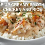 SIZZLE UP CREAMY SMOTHERED CHICKEN AND RICE plated creamy chicken and rice with herbs and peas