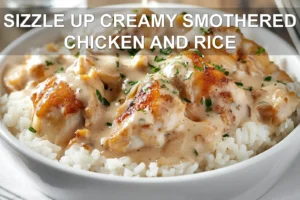 SIZZLE UP CREAMY SMOTHERED CHICKEN AND RICE plated creamy chicken and rice with herbs and peas