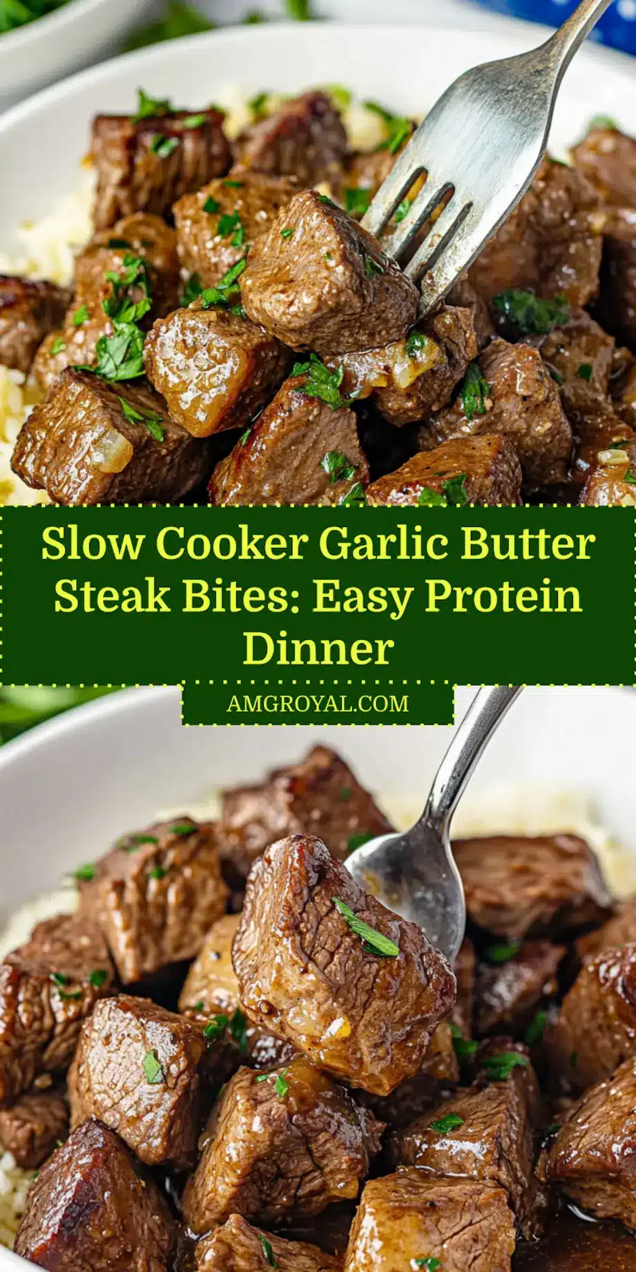 Pinterest-friendly image showing Slow Cooker Garlic Butter Steak Bites with garnishes
