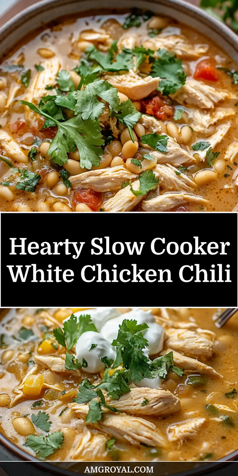 Finished bowl of slow cooker white chicken chili garnished with lime and cheese