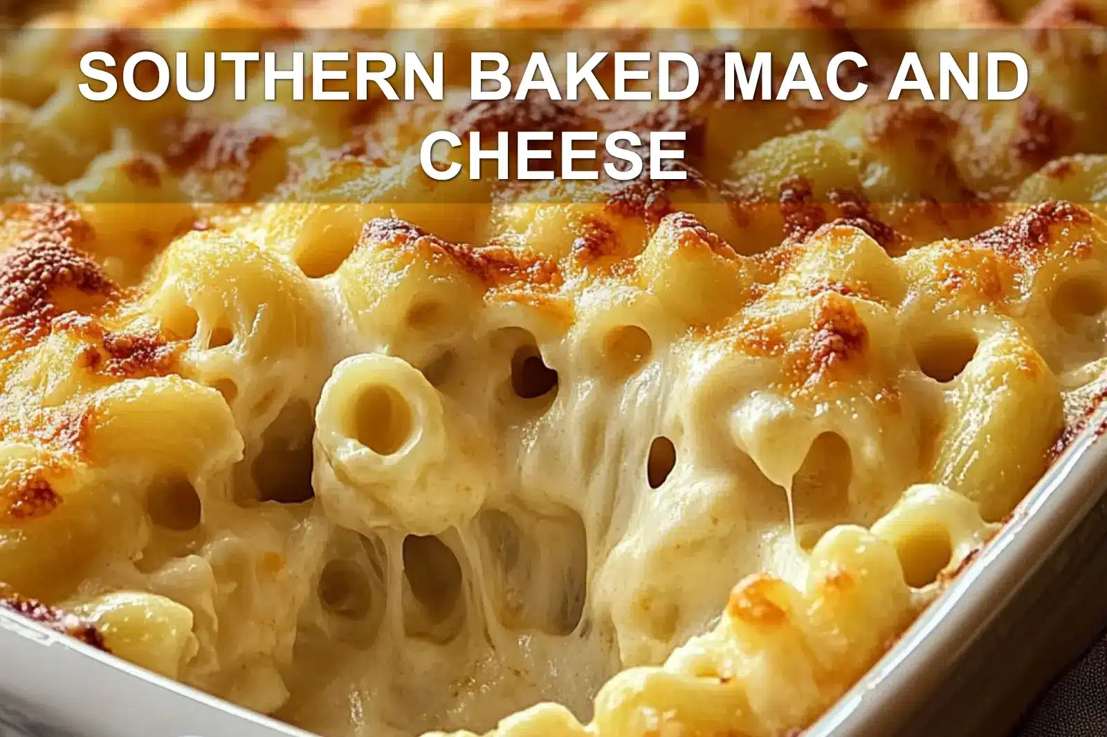 SOUTHERN BAKED MAC AND CHEESE centered hero view, clean and uncluttered