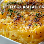 SPAGHETTI SQUASH AU GRATIN centered hero view, clean and uncluttered