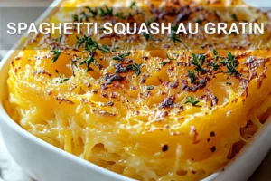 Spaghetti Squash Au Gratin: Easy and Delicious Recipe SPAGHETTI SQUASH AU GRATIN centered hero view, clean and uncluttered