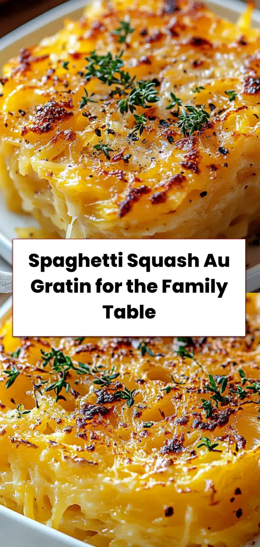 Spaghetti Squash Au Gratin: Easy and Delicious Recipe 5 Golden baked Spaghetti Squash Au Gratin served in a white dish for Pinterest