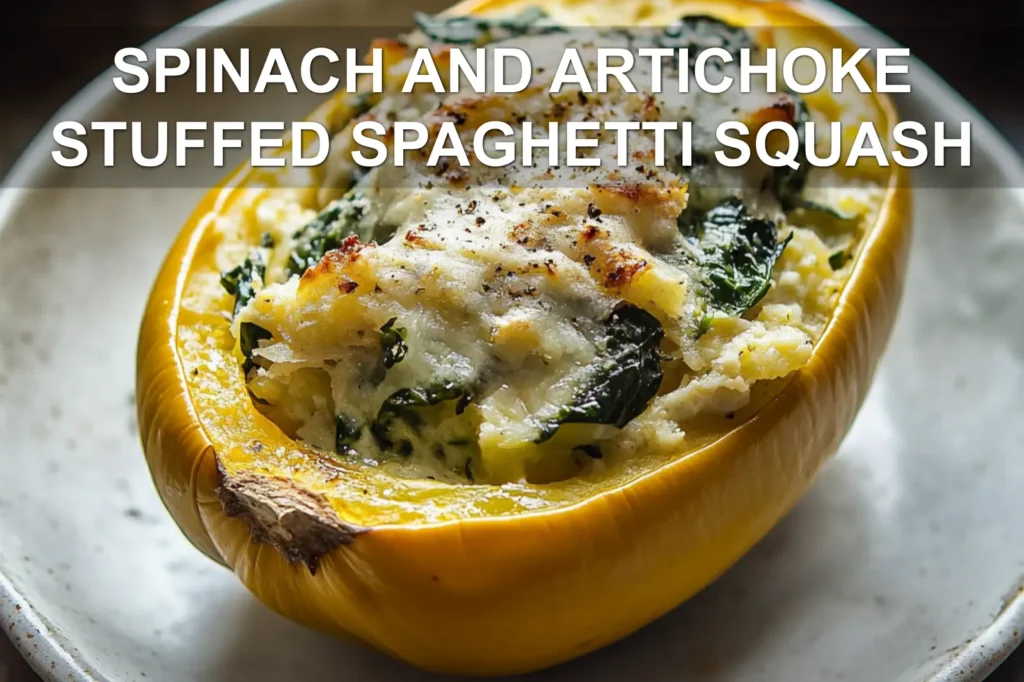 SPINACH AND ARTICHOKE STUFFED SPAGHETTI SQUASH centered hero view, clean and uncluttered