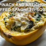 SPINACH AND ARTICHOKE STUFFED SPAGHETTI SQUASH centered hero view, clean and uncluttered