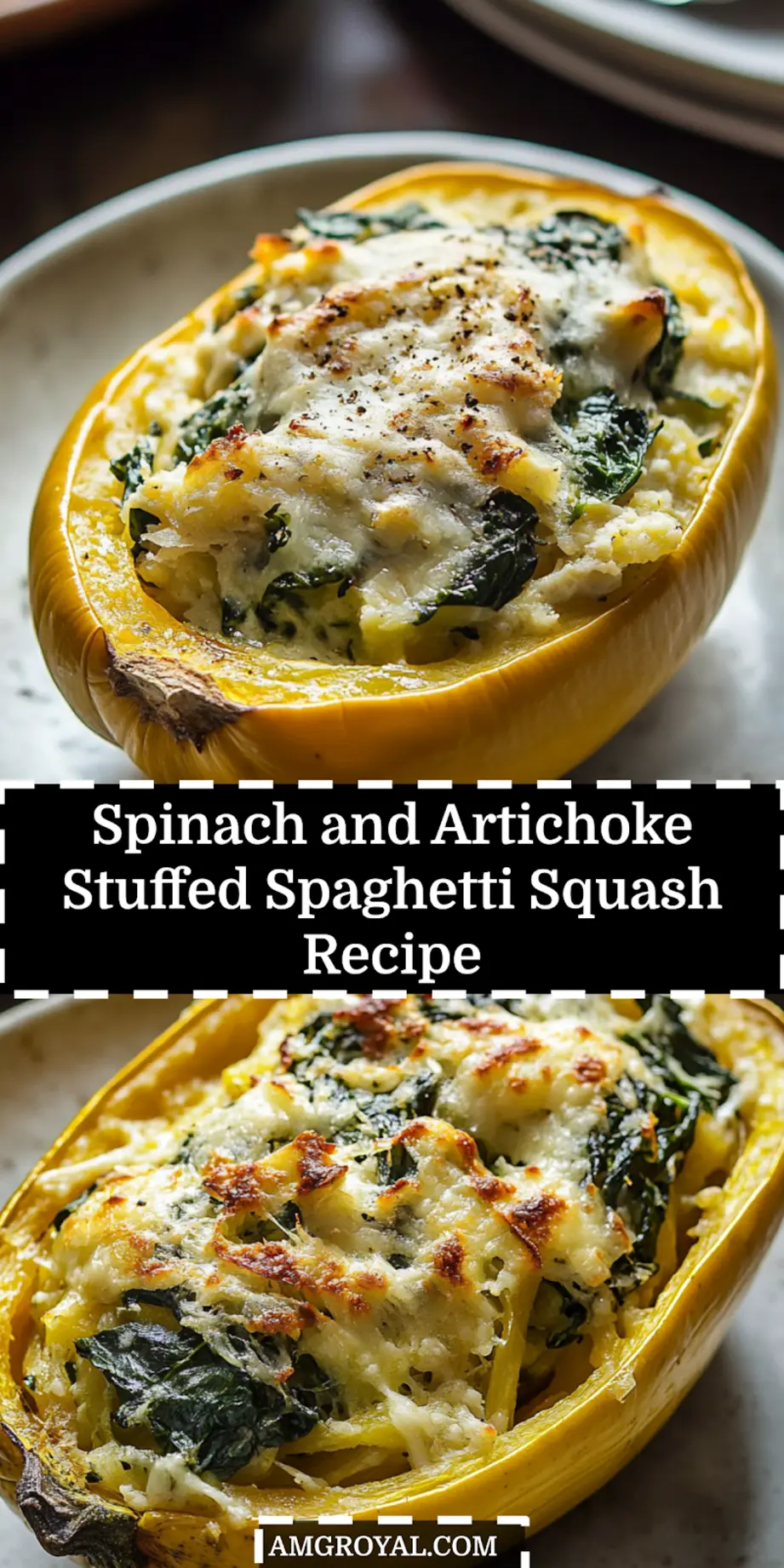 Close-up of baked Spinach and Artichoke Stuffed Spaghetti Squash with golden cheese topping