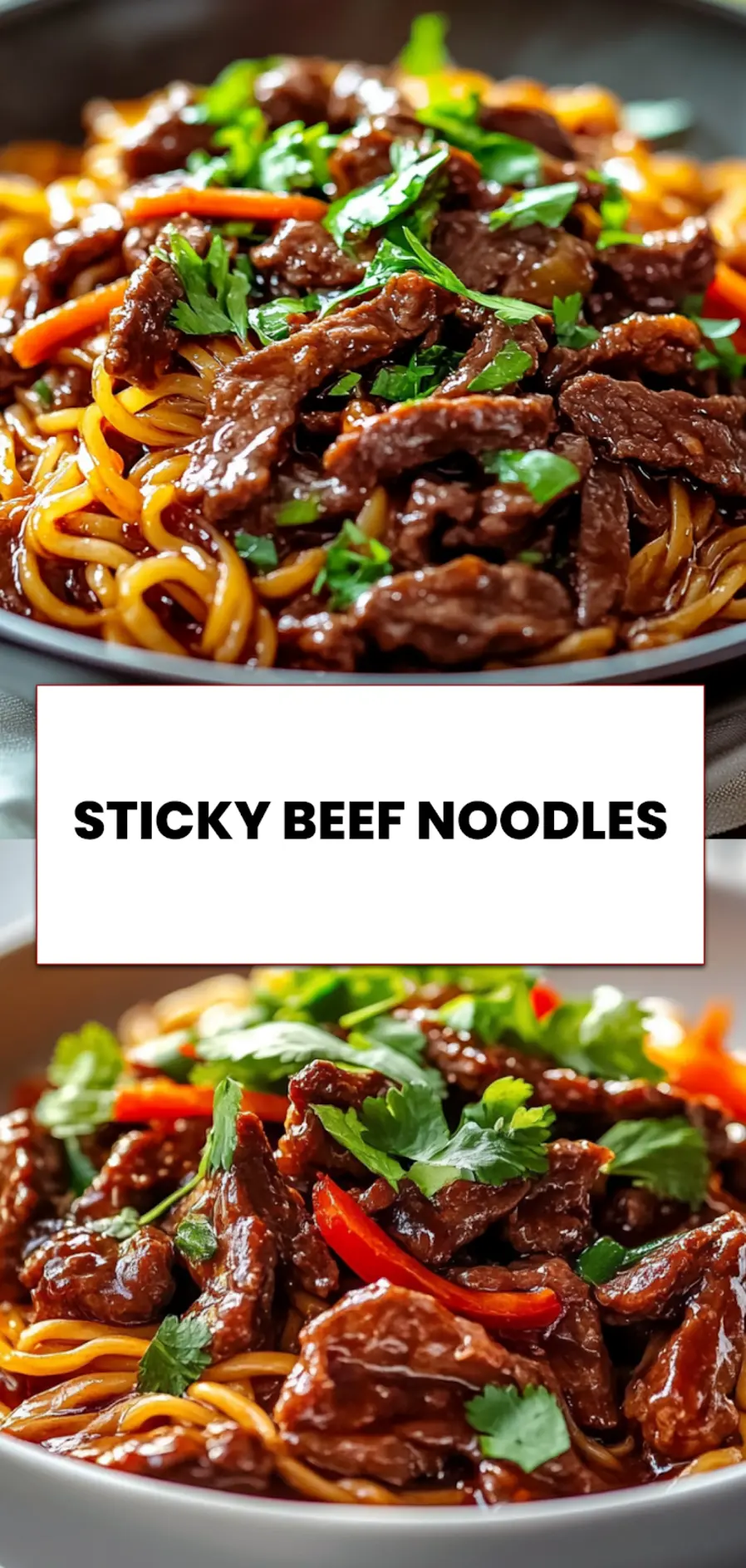 Sticky Beef Noodles: Quick & Delicious Recipe 5 Sticky beef noodles served with sesame seeds and scallions in a shallow bowl, ready to serve