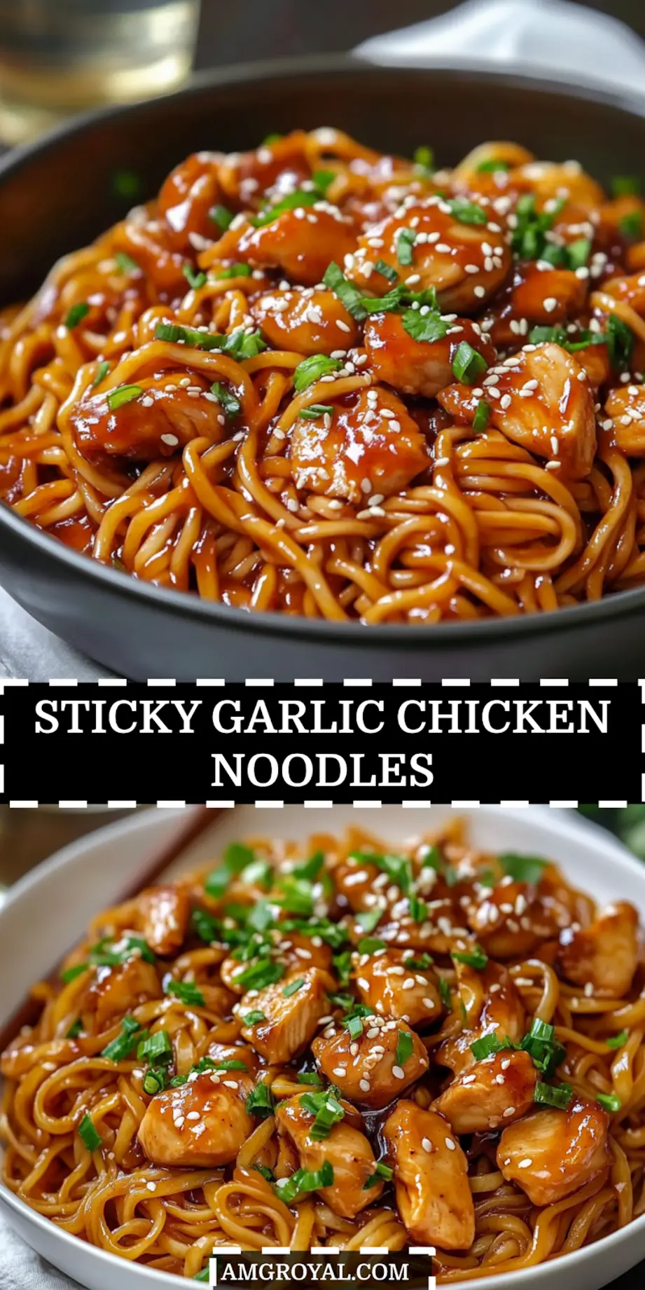 Sticky Garlic Chicken Noodles: Easy Delicious Recipe You’ll Love 5 Sticky Garlic Chicken Noodles glazed with soy honey garlic sauce and garnished with green onions in a bowl