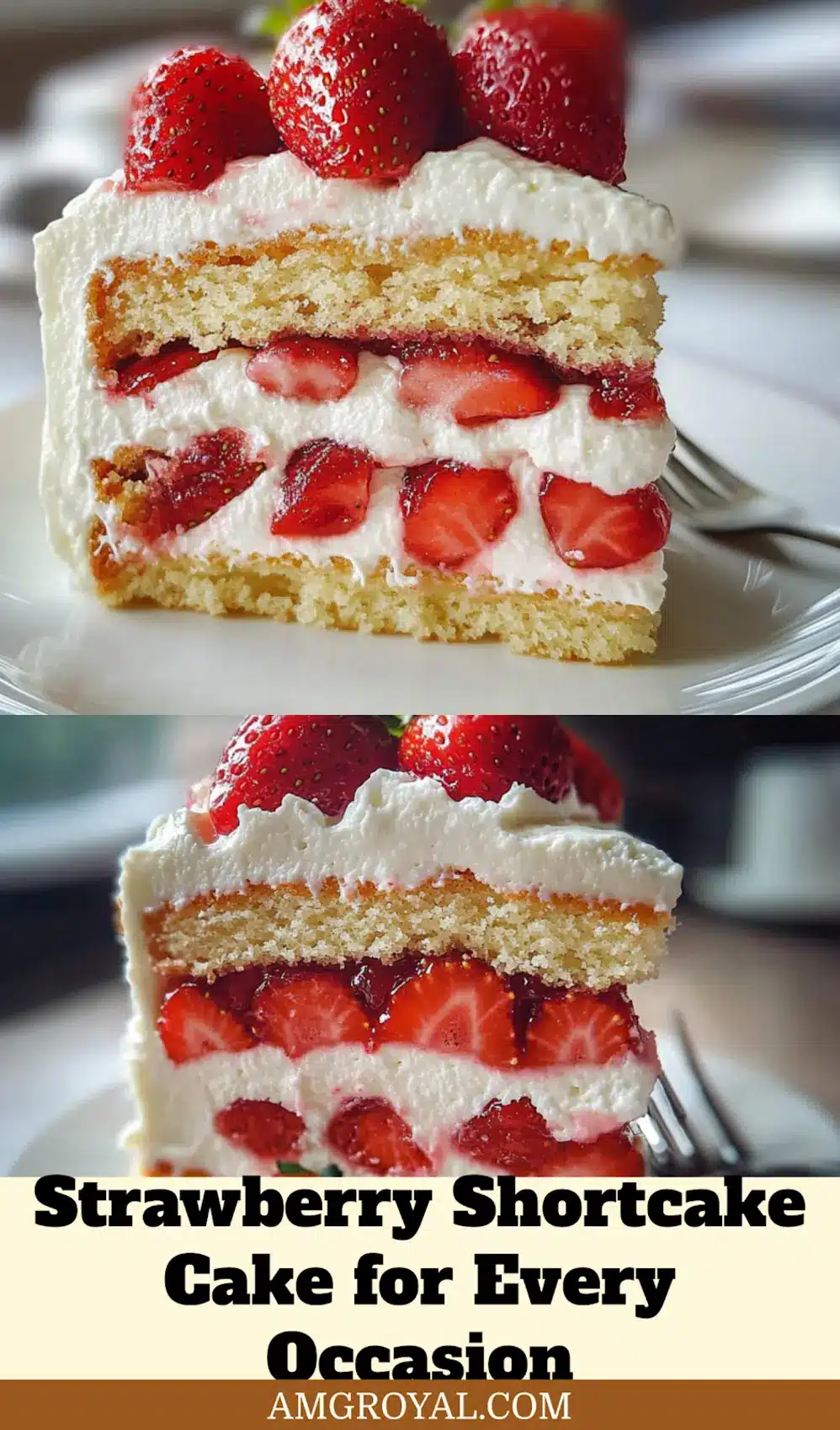 Strawberry Shortcake Cake: The Ultimate Delicious Party Treat 5 Sliced strawberry shortcake cake served on white plate with visible cream and berry layers