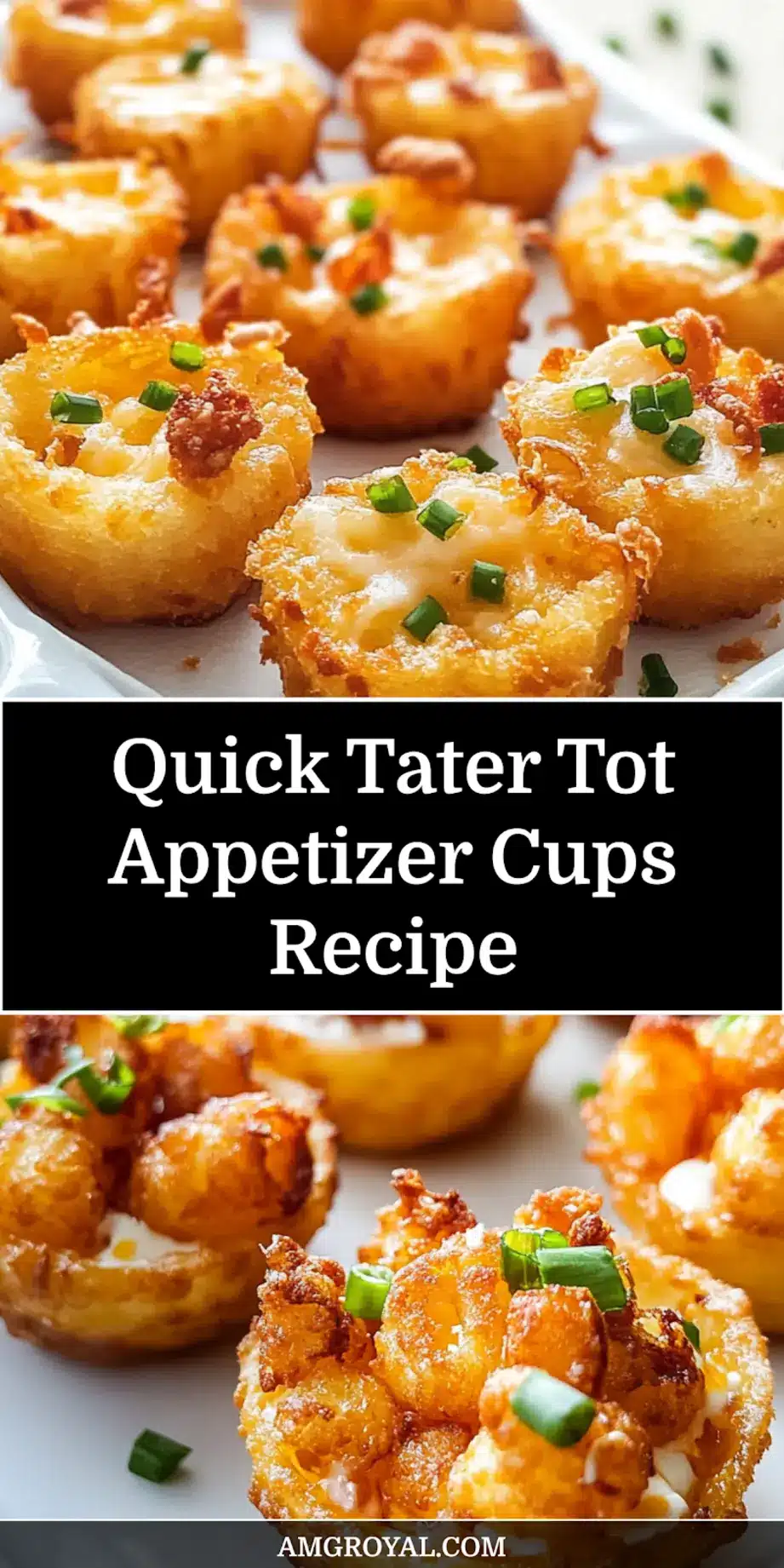 Tater Tot Appetizer Cups for Irresistible Party Ideas 5 Finished Tater Tot Appetizer Cups styled on serving tray with toppings like bacon, herbs, and sour cream