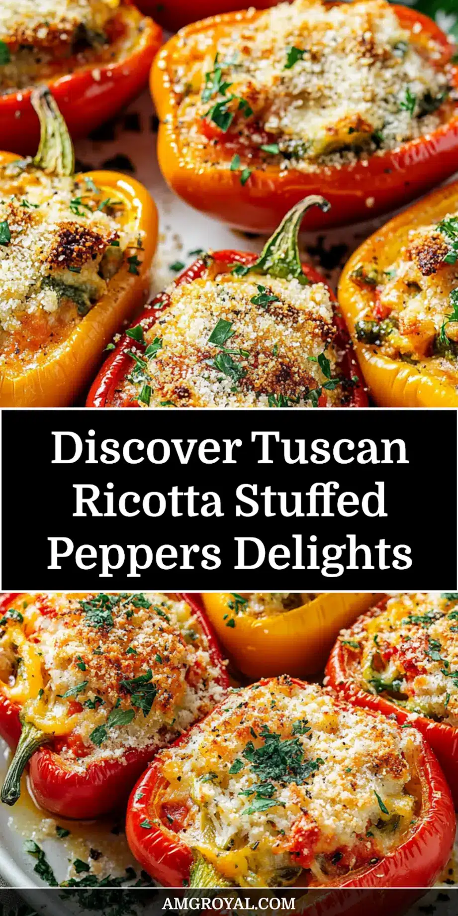 Tuscan Ricotta Stuffed Peppers Recipe You'll Love 5 Colorful Tuscan Ricotta Stuffed Peppers baked golden and ready to serve on parchment
